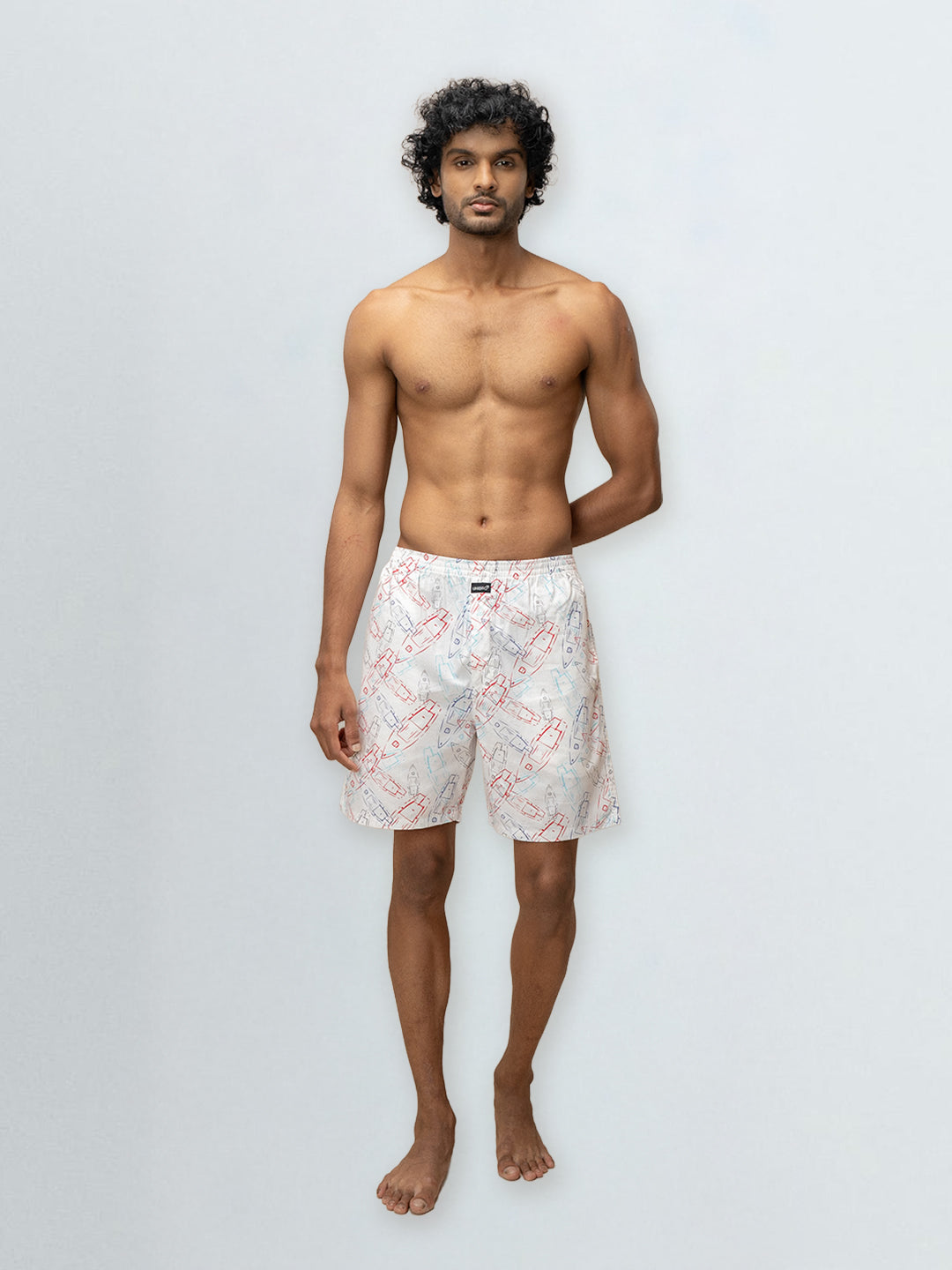 Men's 100% Cotton Printed Long Boxer Shorts Off White