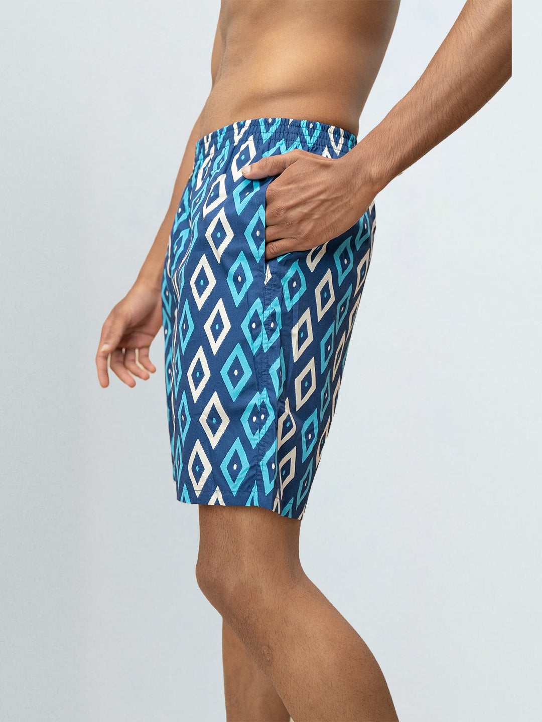 Men's 100% Cotton Printed Long Boxer Shorts Blue