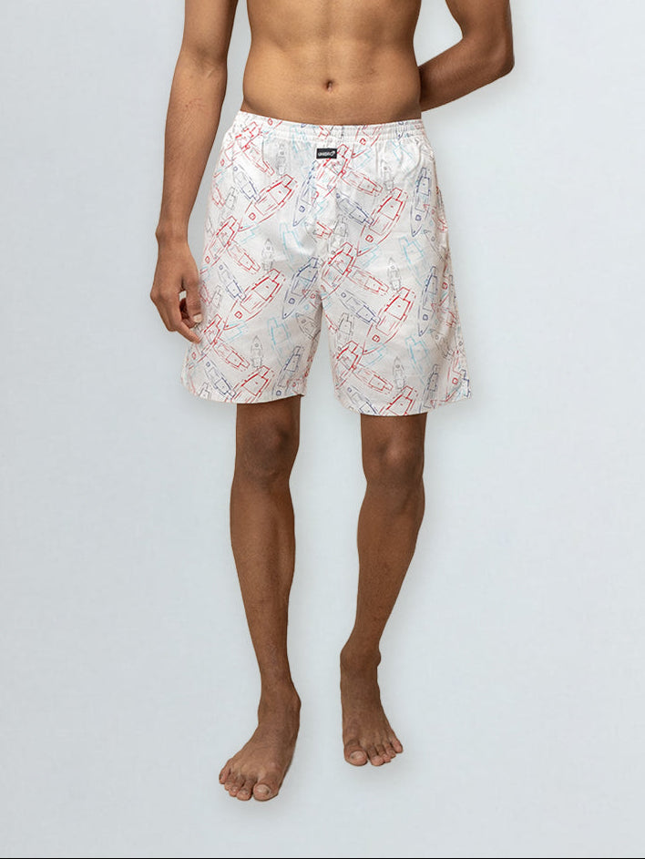 Men's 100% Cotton Printed Long Boxer Shorts Off White