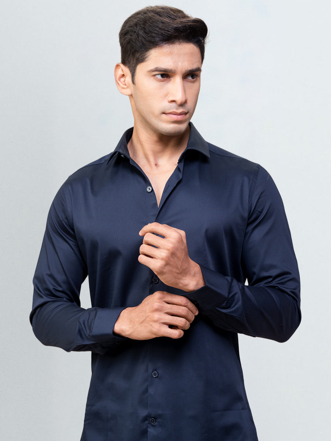 Men's Satin Stretch Cotton Shirt Light Navy