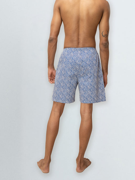 Men's 100% Cotton Printed Long Boxer Shorts Blue