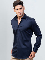 Men's Satin Stretch Cotton Shirt Light Navy