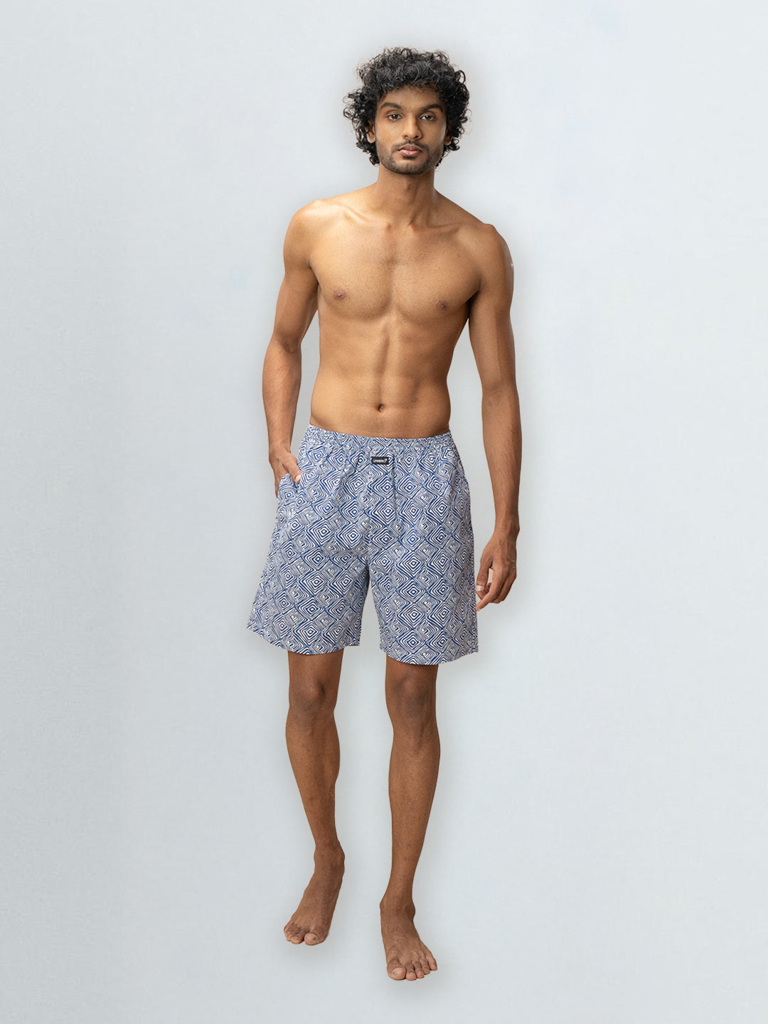 Men's 100% Cotton Printed Long Boxer Shorts Blue