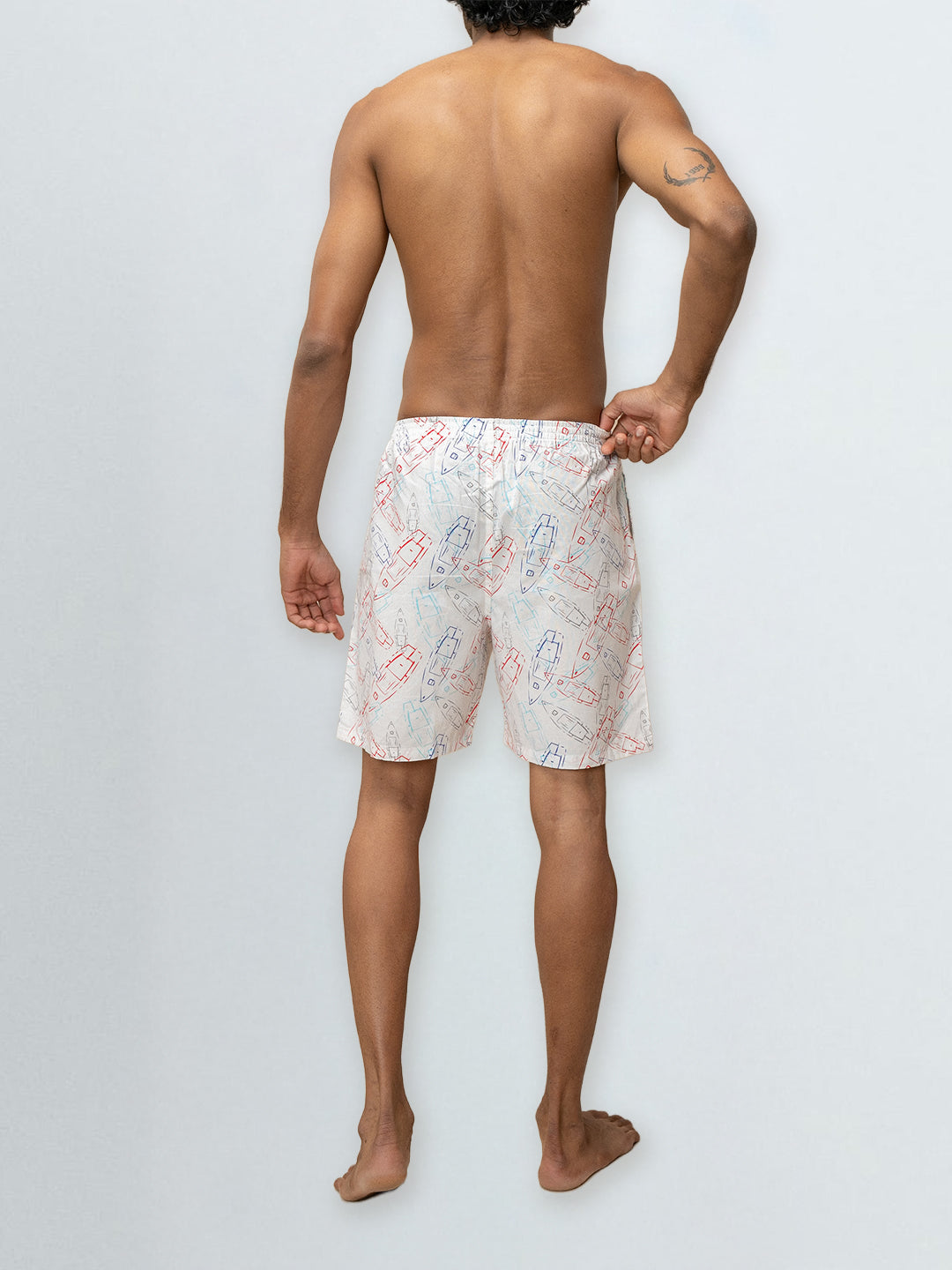 Men's 100% Cotton Printed Long Boxer Shorts Off White
