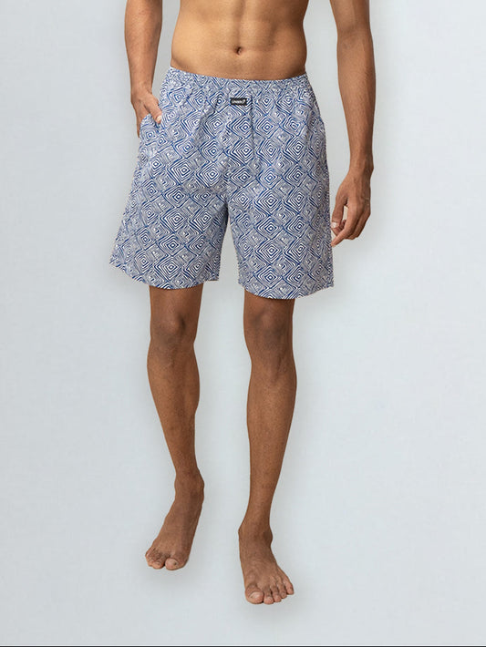 Men's 100% Cotton Printed Long Boxer Shorts Blue