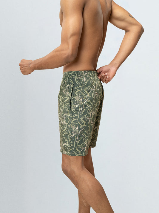 Men's 100% Cotton Printed Long Boxer Shorts Olive