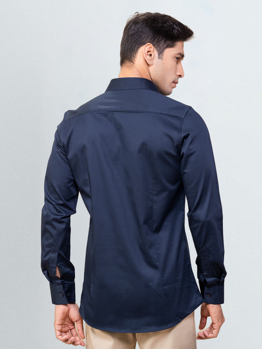 Men's Satin Stretch Cotton Shirt Light Navy
