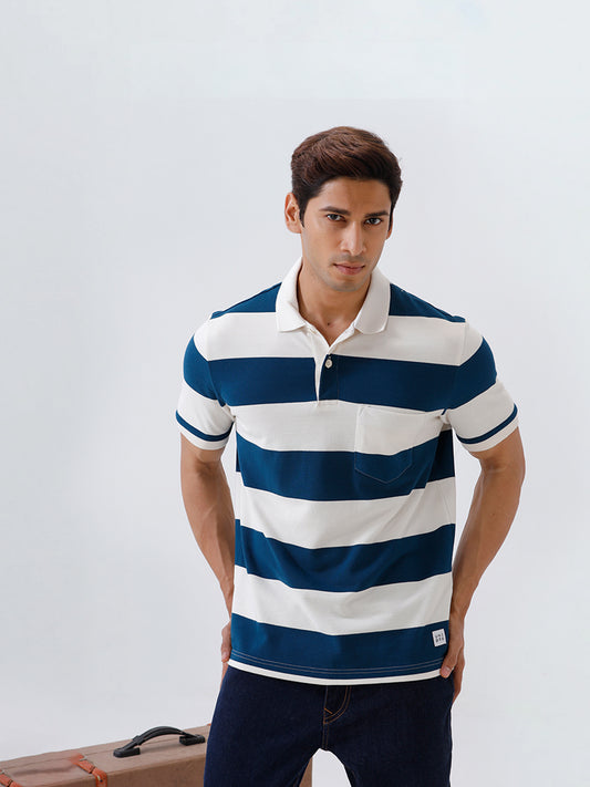 Men's Stripper Cotton Rich Polo Poseidon Blue