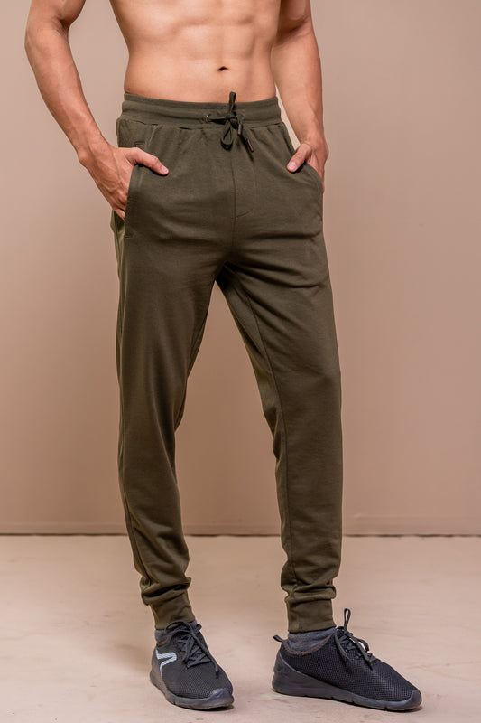 Men Combed Cotton Rich Jogger with Side Pockets Olive Green EJ6