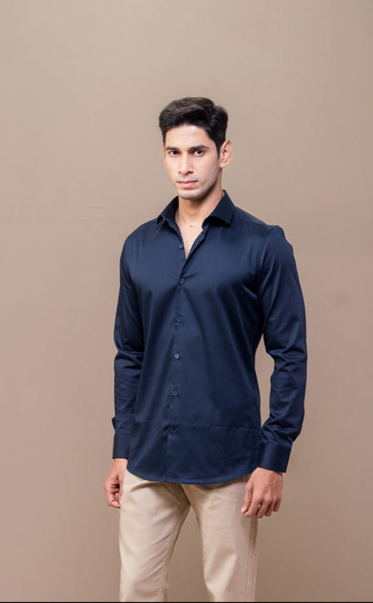 Men Stretch Cotton Slim Fit Fluid Shirts Navy FS19