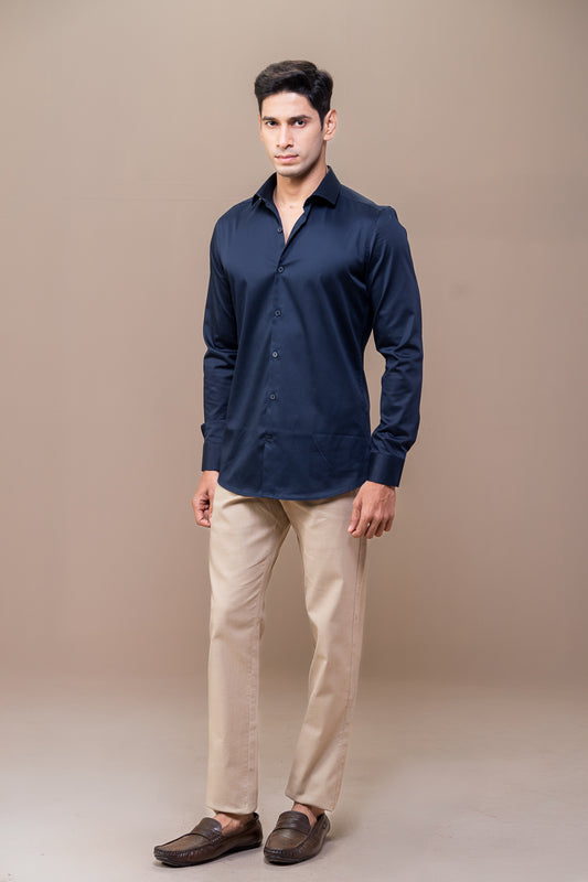 Men Stretch Cotton Slim Fit Fluid Shirts Navy FS19