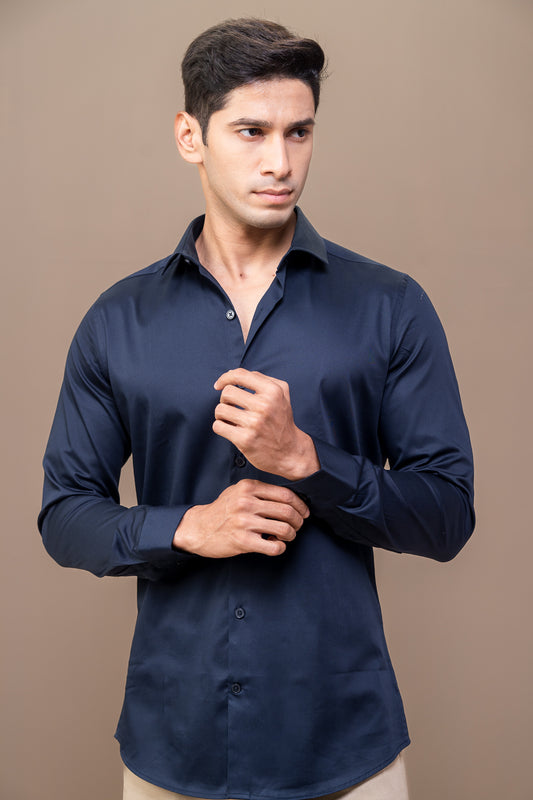 Men Stretch Cotton Slim Fit Fluid Shirts Navy FS19