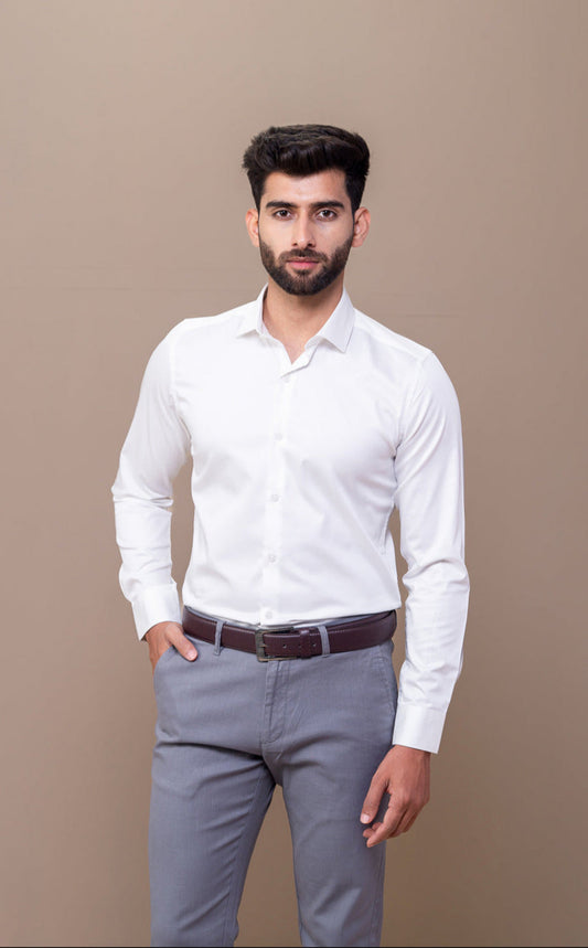 Men Stretch Cotton Slim Fit Fluid Shirts White FS12