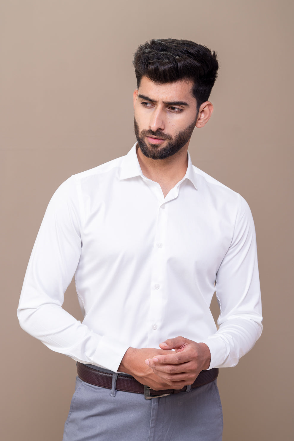 Men Stretch Cotton Slim Fit Fluid Shirts White FS12
