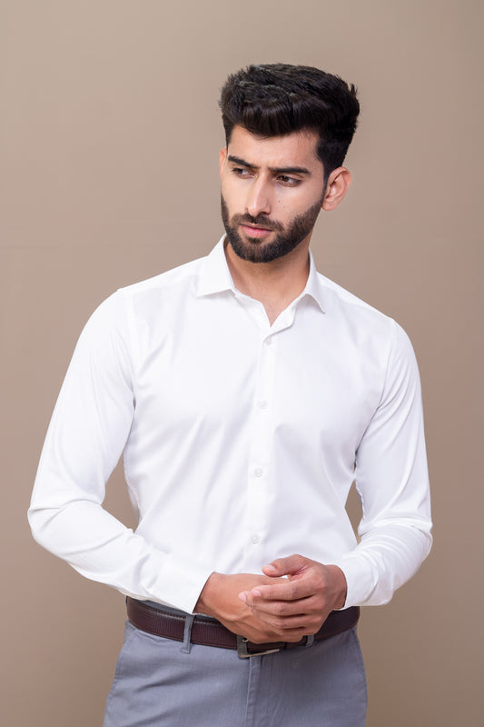 Men Stretch Cotton Slim Fit Fluid Shirts White FS12