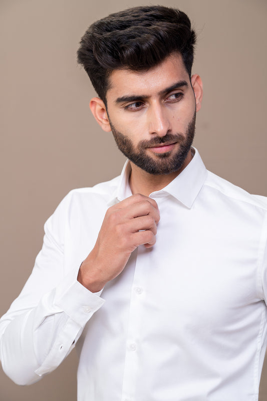 Men Stretch Cotton Slim Fit Fluid Shirts White FS12