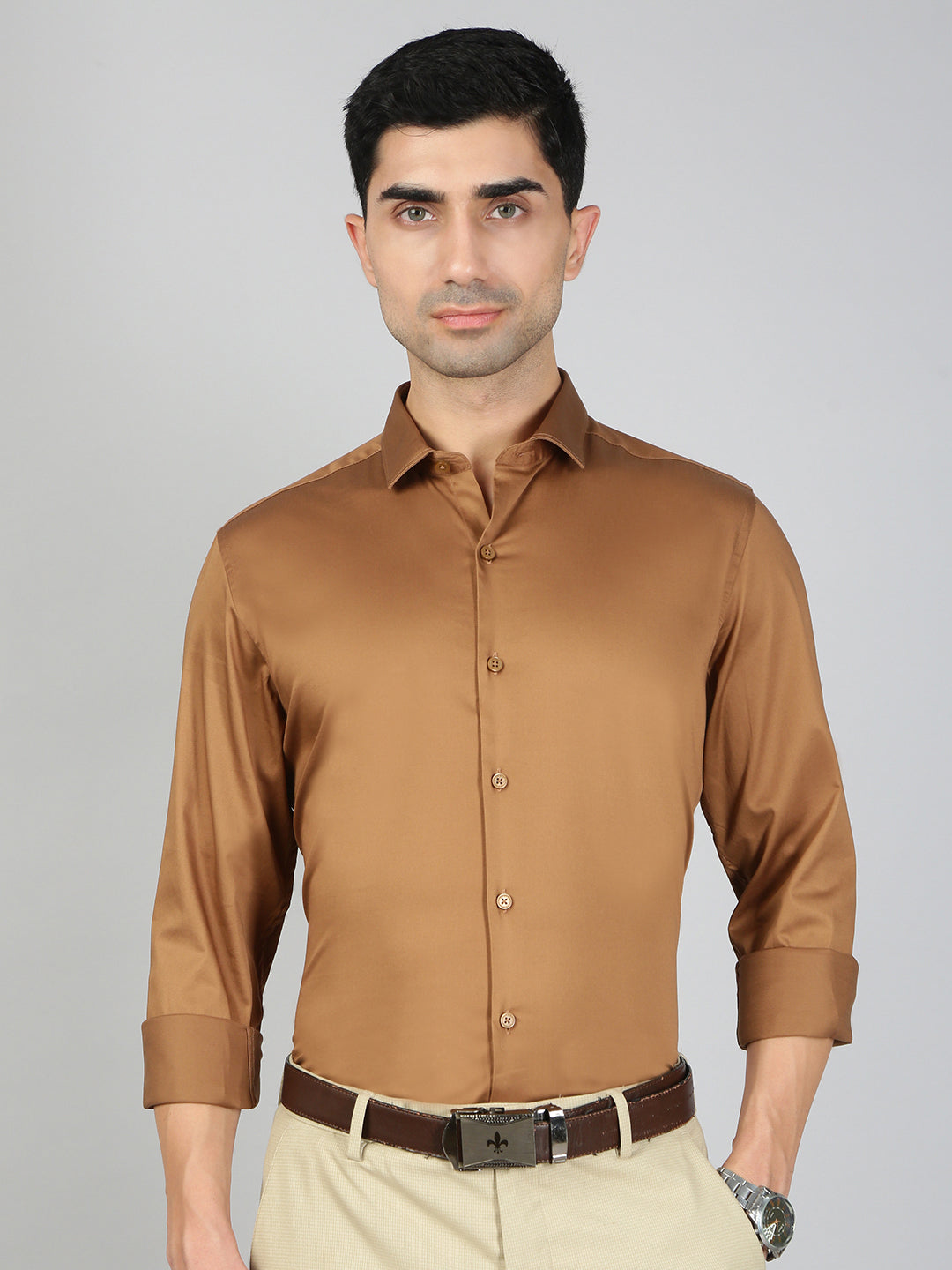 Men Stretch Cotton Shirt Dark Brown FS29