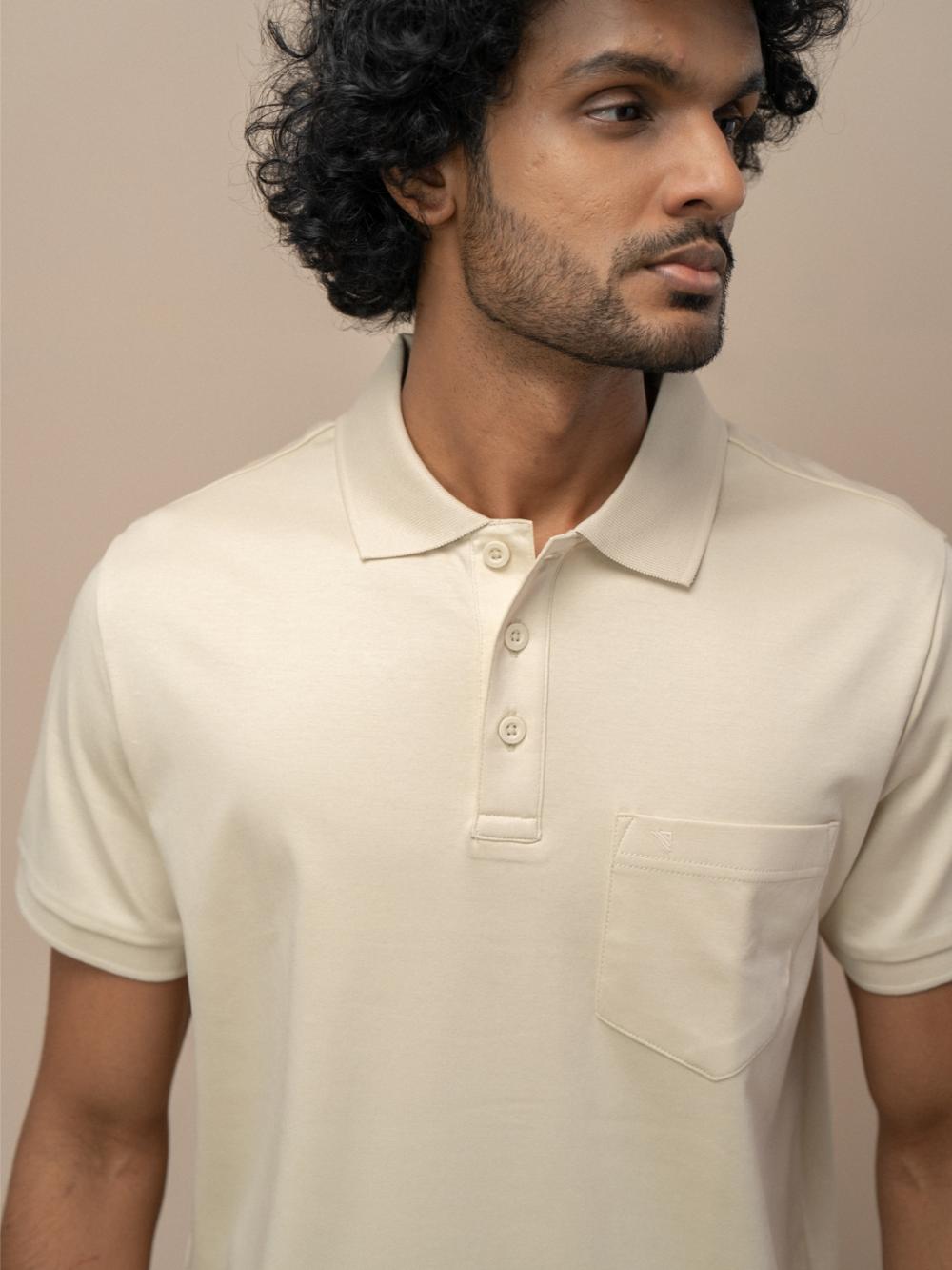 Men Extra Long Staple Cotton Smart Fit Apex Polo T-Shirt Ivory Cream AX3