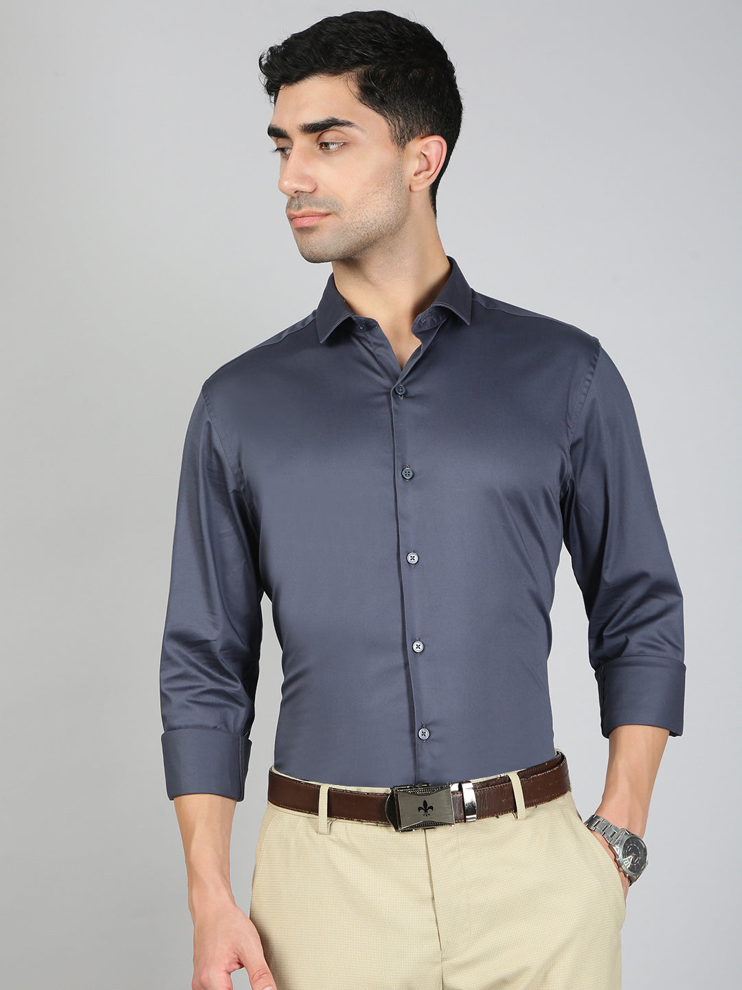 Satin Stretch Cotton Shirt Greyish Blue