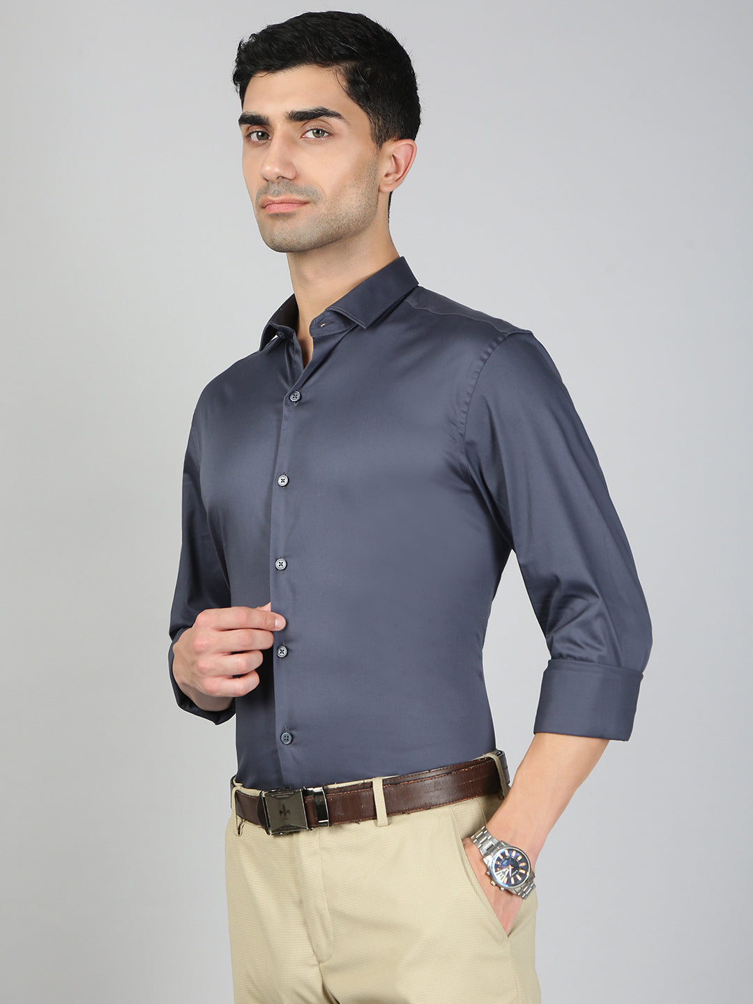 Satin Stretch Cotton Shirt Greyish Blue