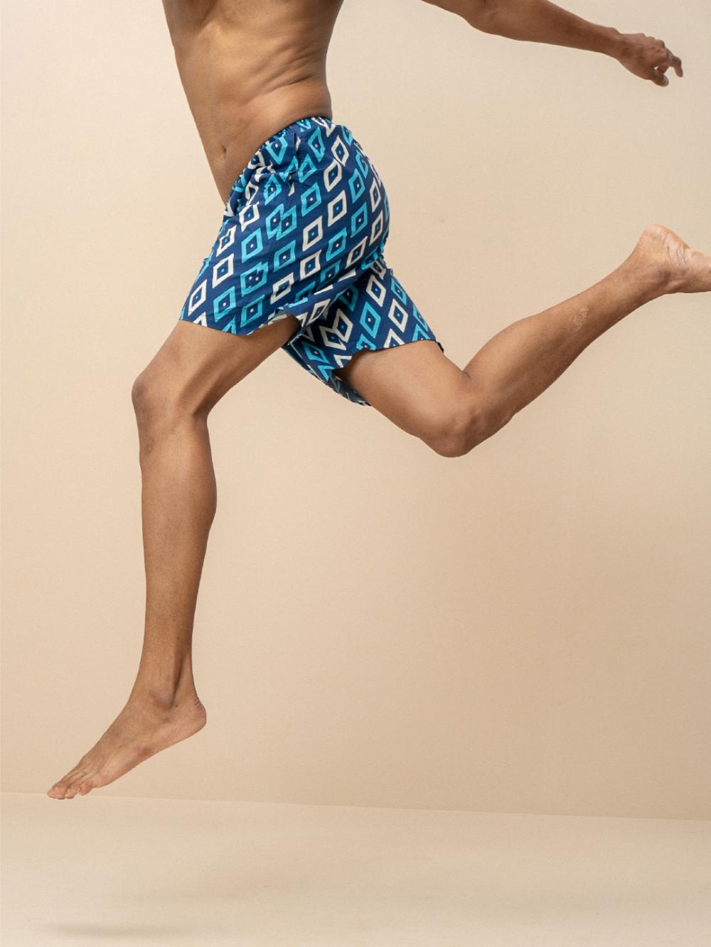 Men 100% Combed Cotton Blue Woven Printed Boxer Long Shorts WB48