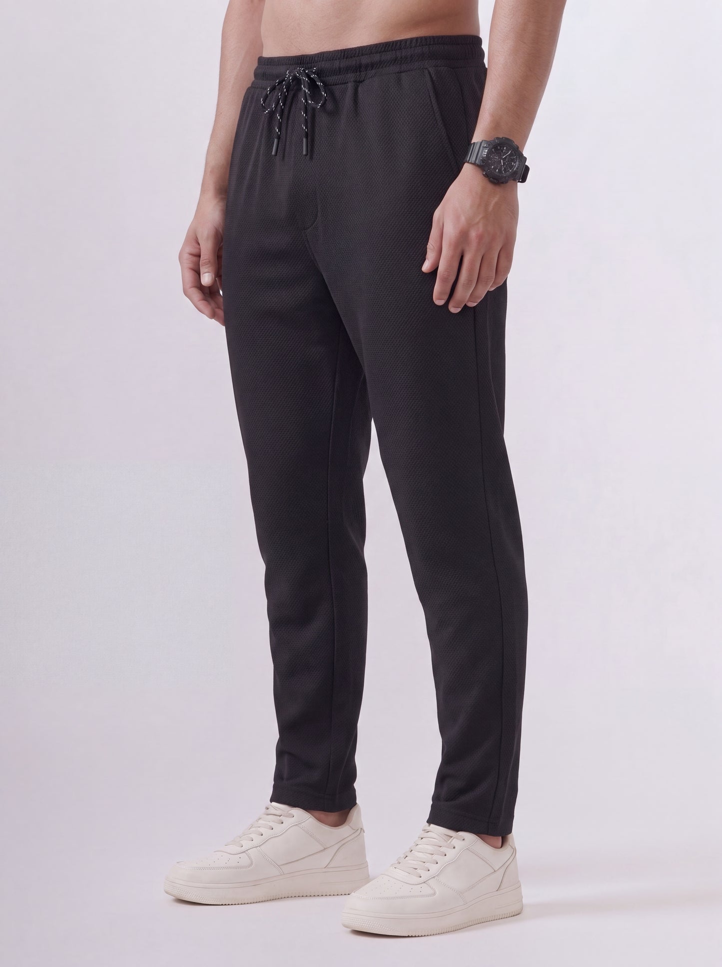 Cotton Rich Regular Fit Black Popcorn Track Pant