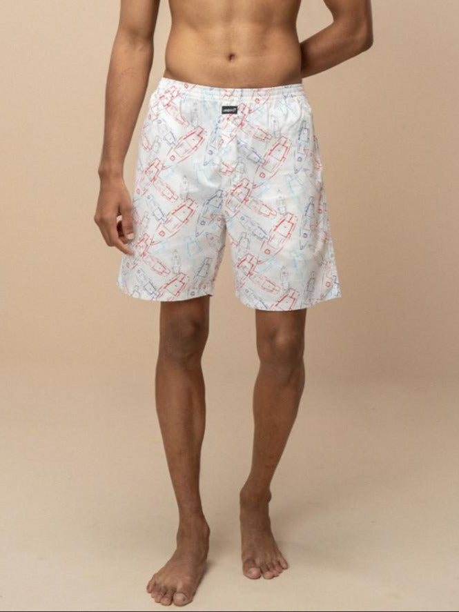 Men 100% Combed Cotton Off White Woven Printed Boxer Long Shorts WB46