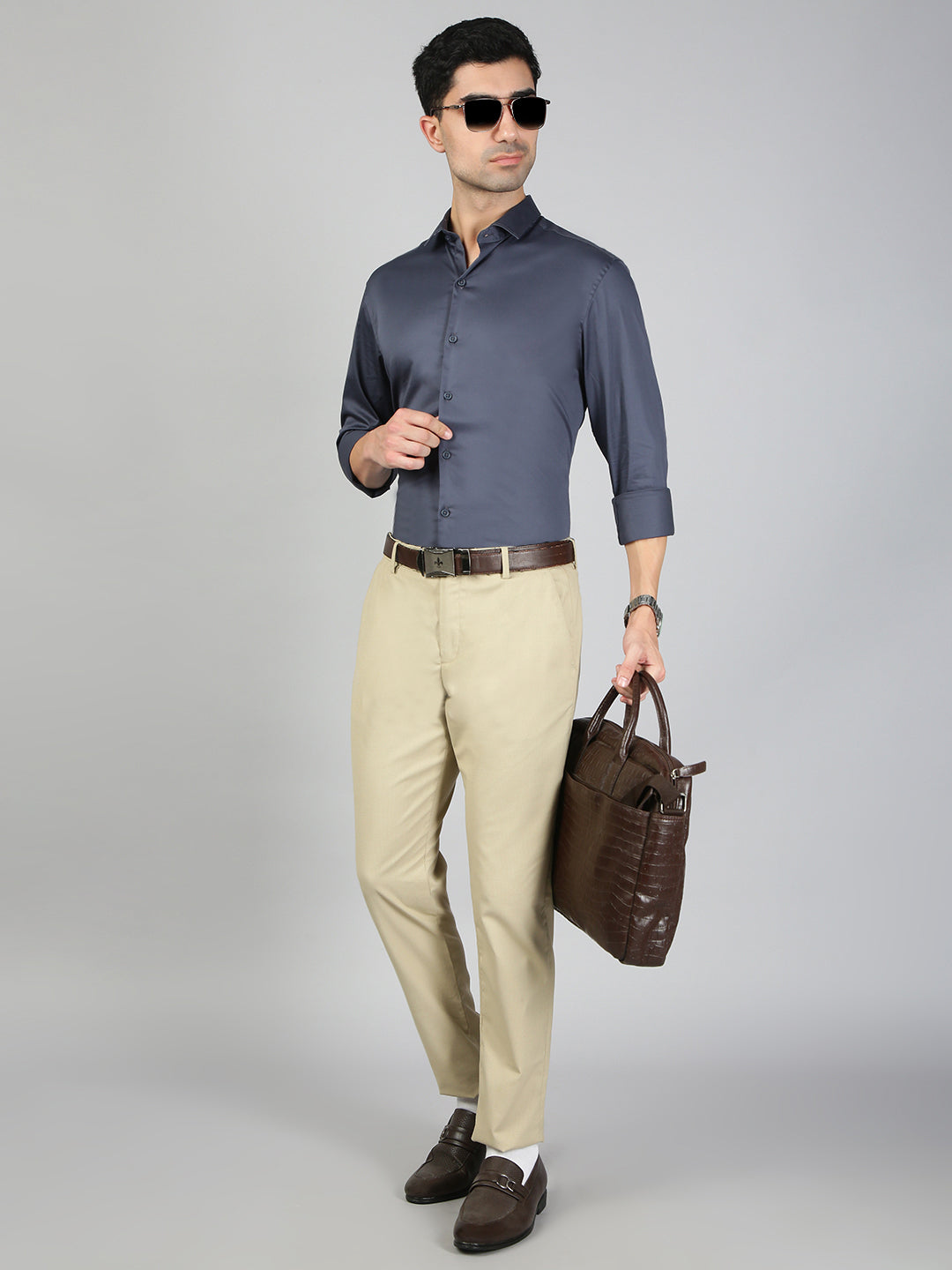 Satin Stretch Cotton Shirt Greyish Blue