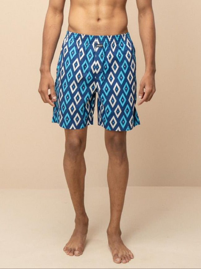 Men 100% Combed Cotton Blue Woven Printed Boxer Long Shorts WB48