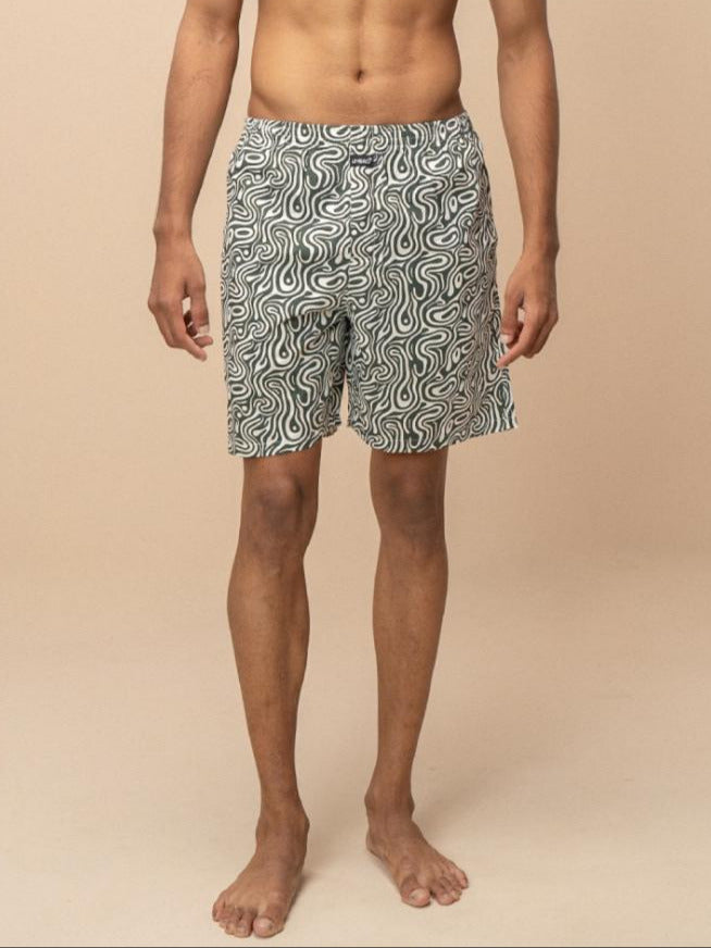 Men 100% Combed Cotton Green Woven Printed Boxer Long Shorts WB50