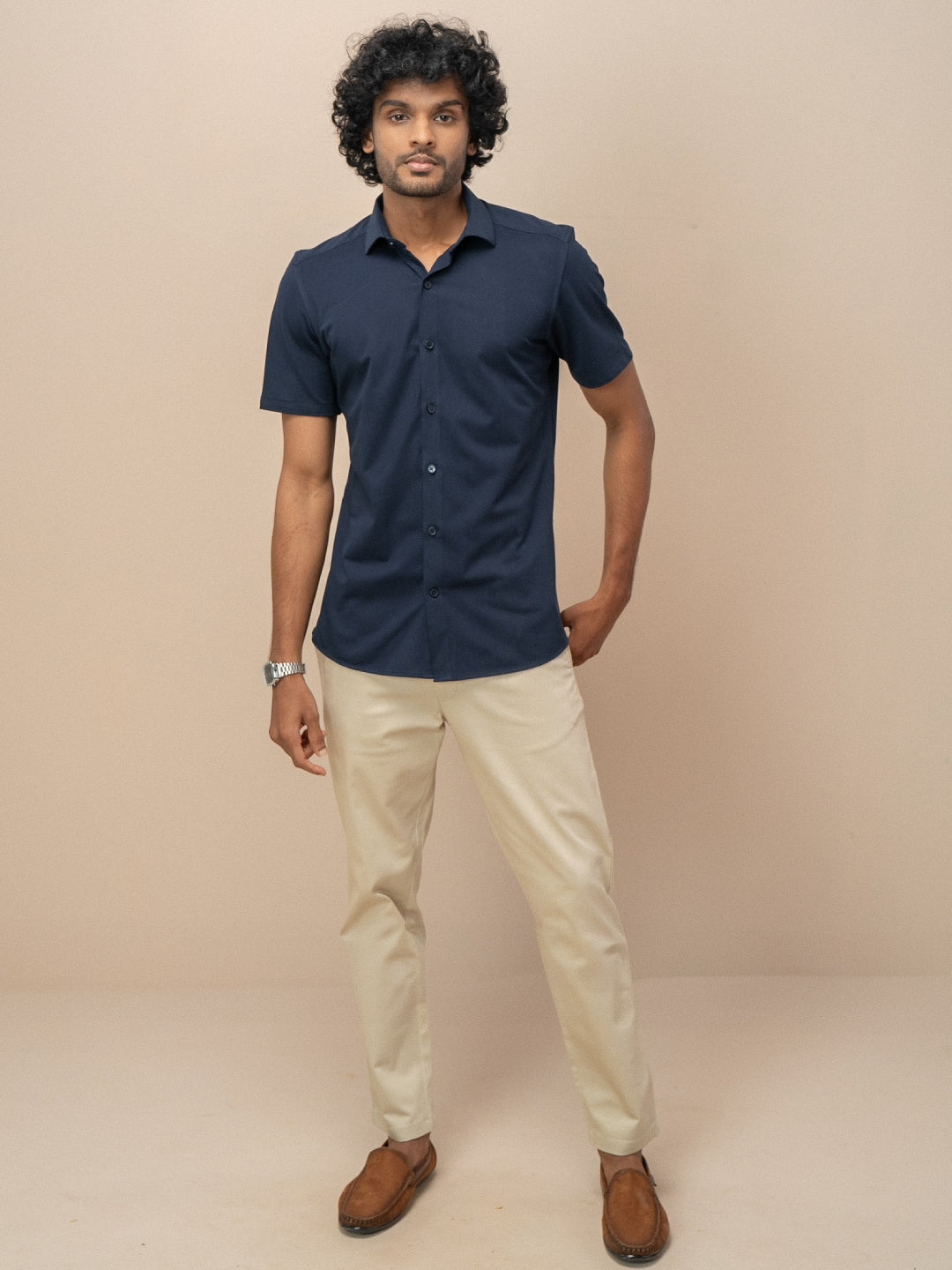 Men Combed Cotton Rich Slim Fit Ether Shirt Navy ER5
