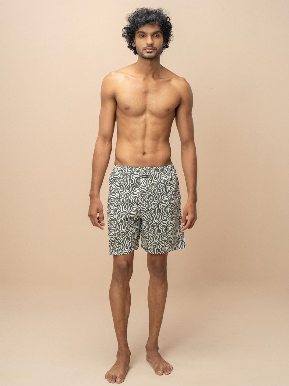 Men 100% Combed Cotton Green Woven Printed Boxer Long Shorts WB50