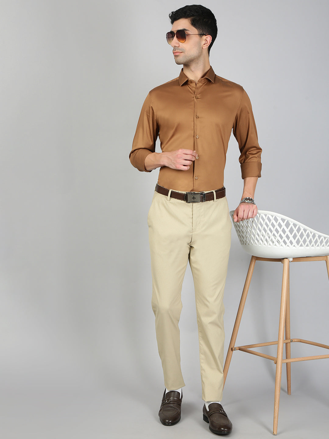 Men Stretch Cotton Shirt Dark Brown FS29