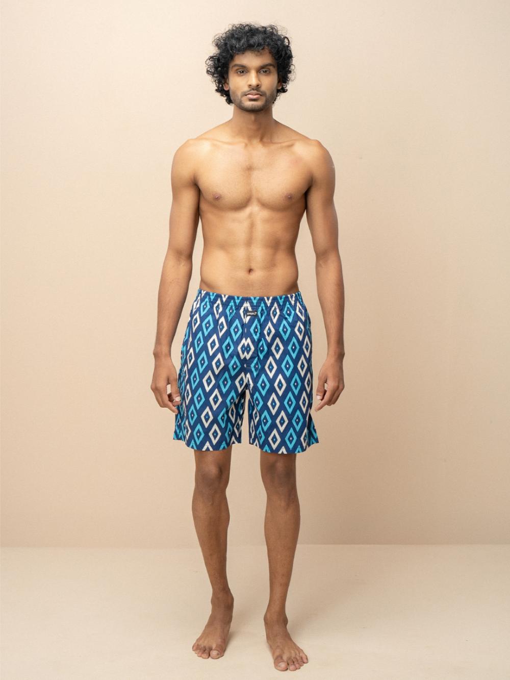 Men 100% Combed Cotton Blue Woven Printed Boxer Long Shorts WB48