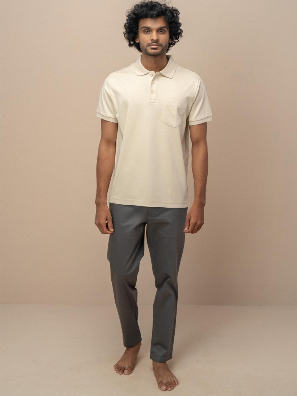 Men Extra Long Staple Cotton Smart Fit Apex Polo T-Shirt Ivory Cream AX3