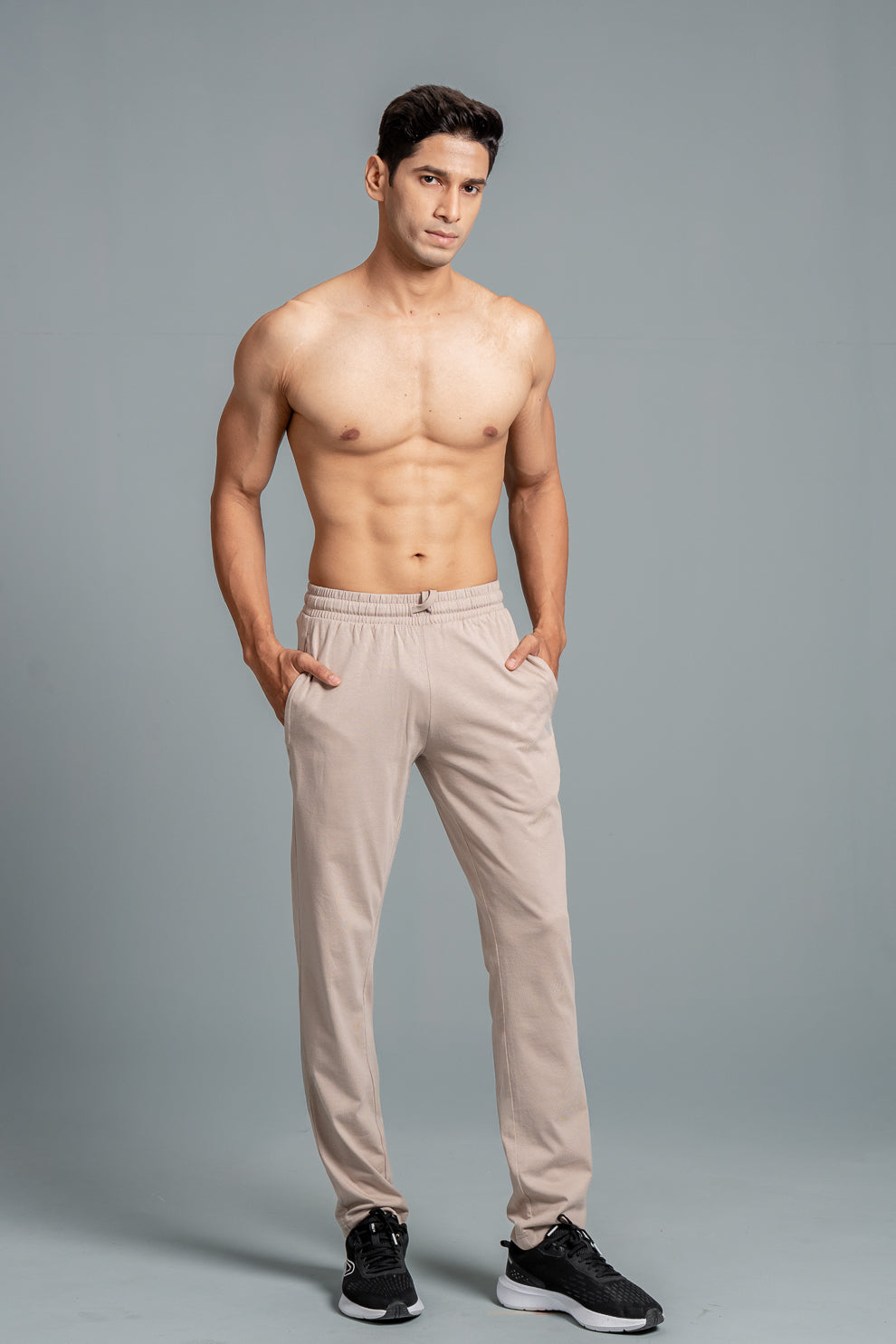 Combed Cotton Side Sew Panel Smart Fit Zipper Pocket Track Pant Beige ETK6
