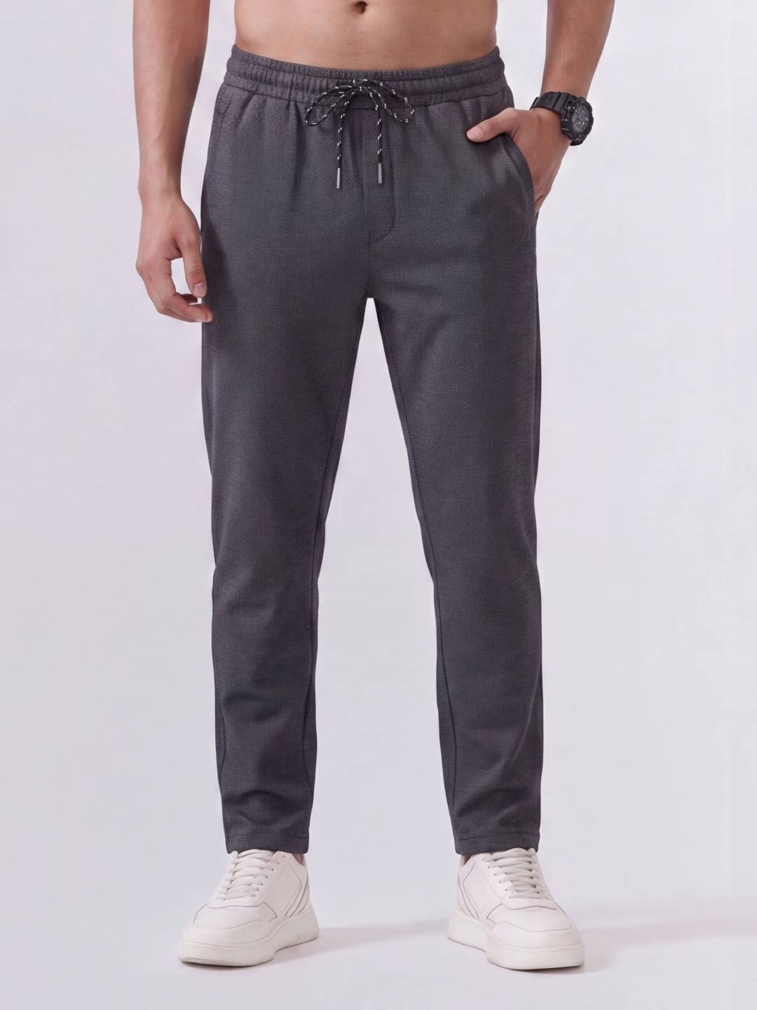 Cotton Rich Regular Fit Charcoal Melange Popcorn Track Pant