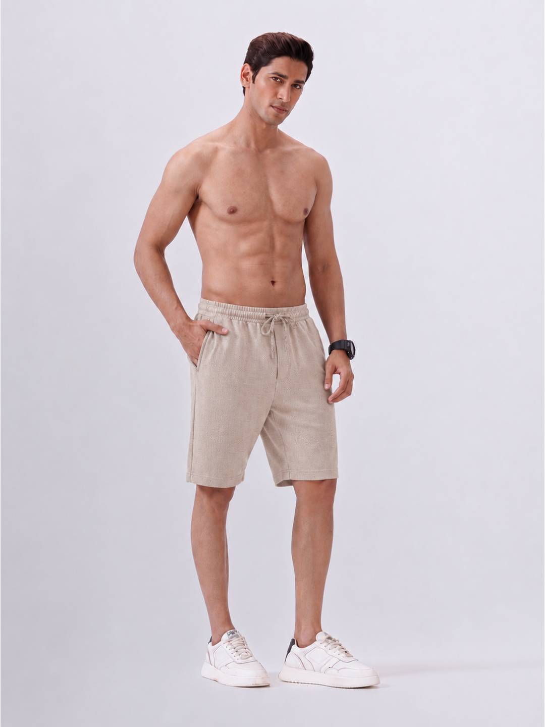 Combed Cotton Rich Beige Popcorn Shorts