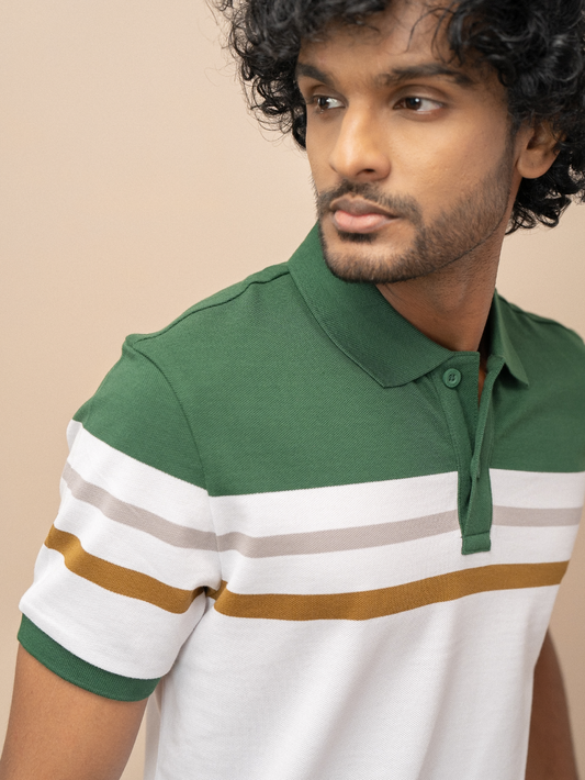 Men Smart Fit Engineered Polo T-Shirt Green with White EN15