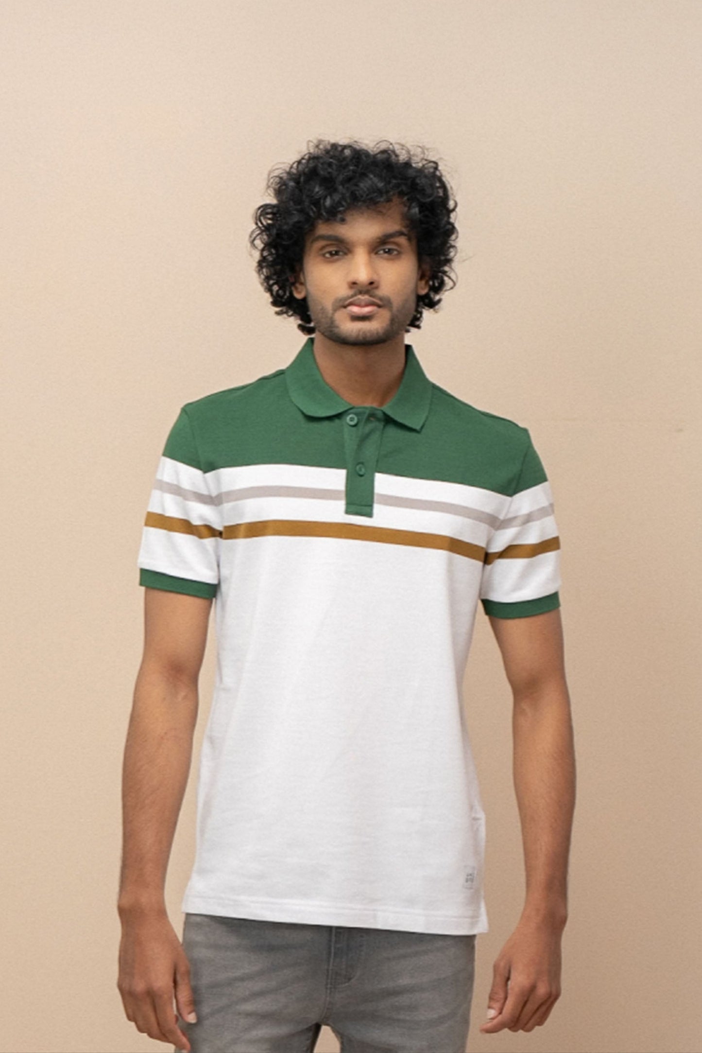 Men Smart Fit Engineered Polo T-Shirt Green with White EN15