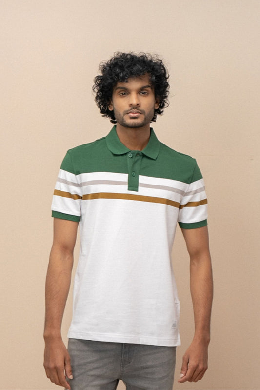 Men Smart Fit Engineered Polo T-Shirt Green with White EN15