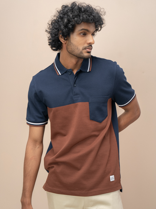 Men Smart Fit Engineered Polo T-Shirt Navy with Brown EN19