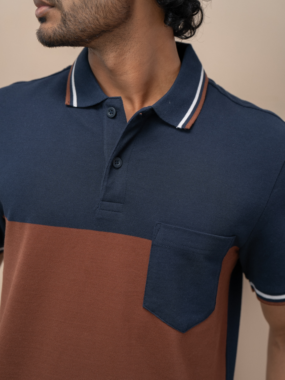 Men Smart Fit Engineered Polo T-Shirt Navy with Brown EN19
