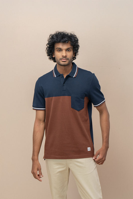 Men Smart Fit Engineered Polo T-Shirt Navy with Brown EN19
