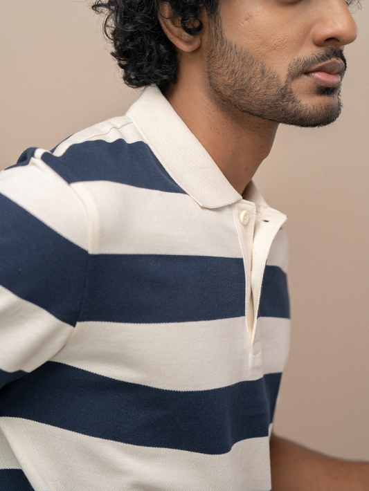 Men Smart Fit Engineered Polo T-Shirt OffWhite with Navy EN22