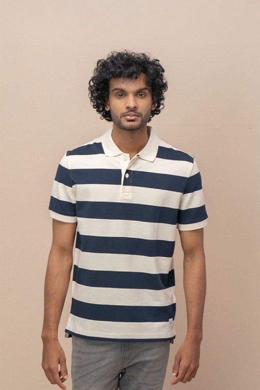 Men Smart Fit Engineered Polo T-Shirt OffWhite with Navy EN22