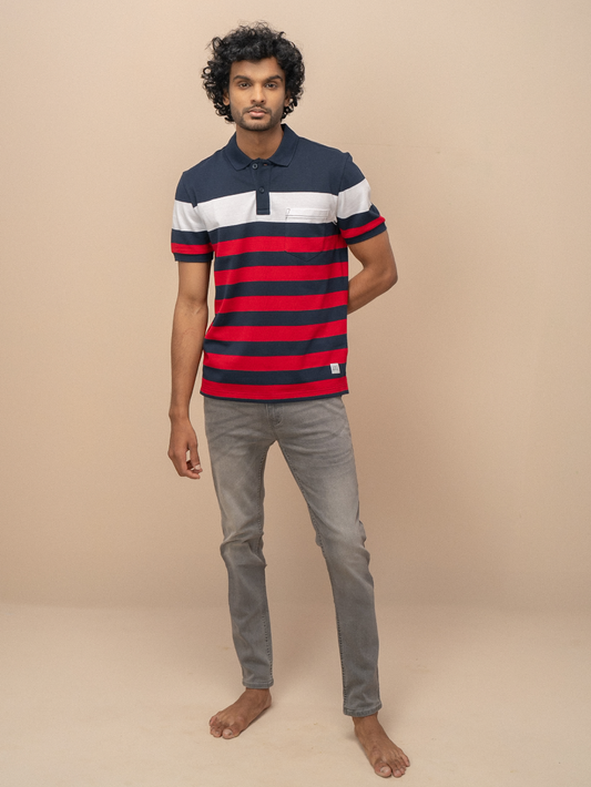 Men Smart Fit Engineered Polo T-Shirt Navy with Red EN23