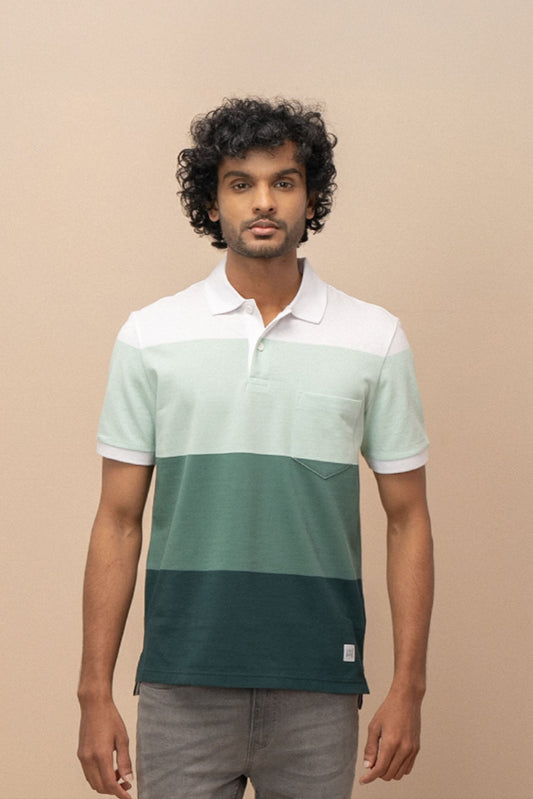 Men Smart Fit Engineered Polo T-Shirt White with Green EN25