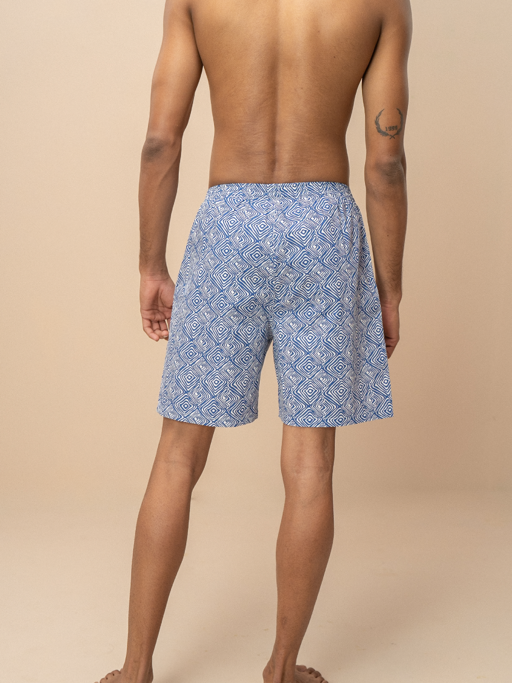 Men 100% Combed Cotton Blue Woven Printed Boxer Long Shorts WB51