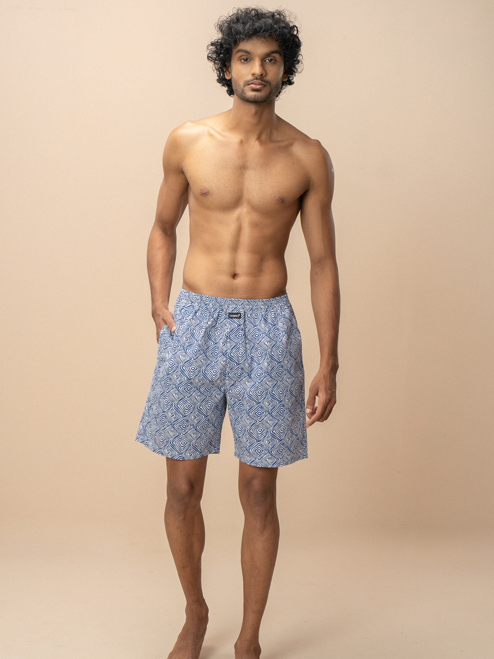 Men 100% Combed Cotton Blue Woven Printed Boxer Long Shorts WB51
